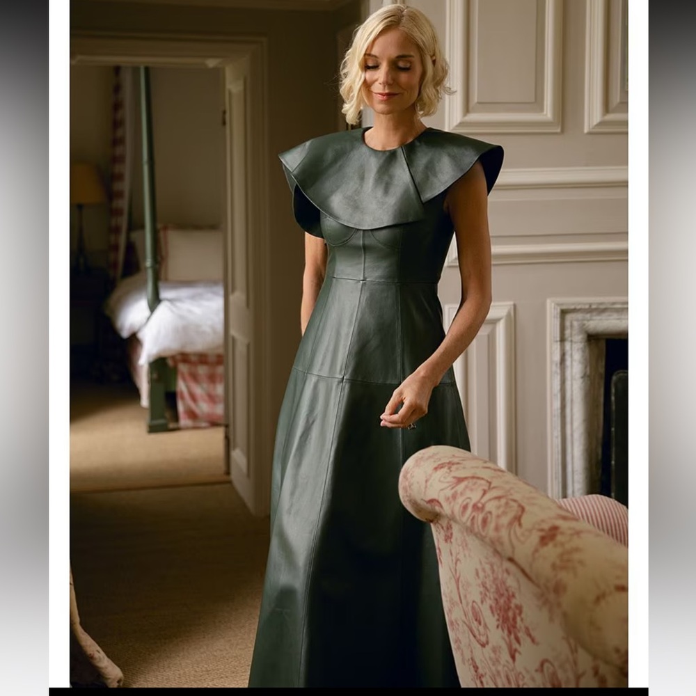 Dark Green Leather Dress with Structured Collar Jennifer Sumko X Antonio Melani